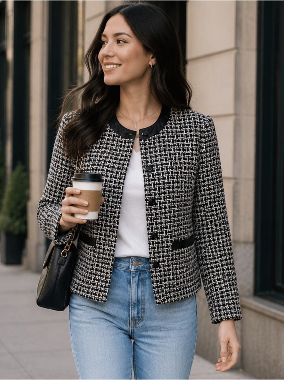 Pendleton Bouclé-Style Cropped Silk Blend Jacket Leather Trim Classic 12